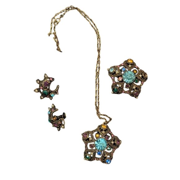 Vintage Star & Moon Rhinestone Pendant Necklace Earrings Set Estate statement - Picture 11 of 12